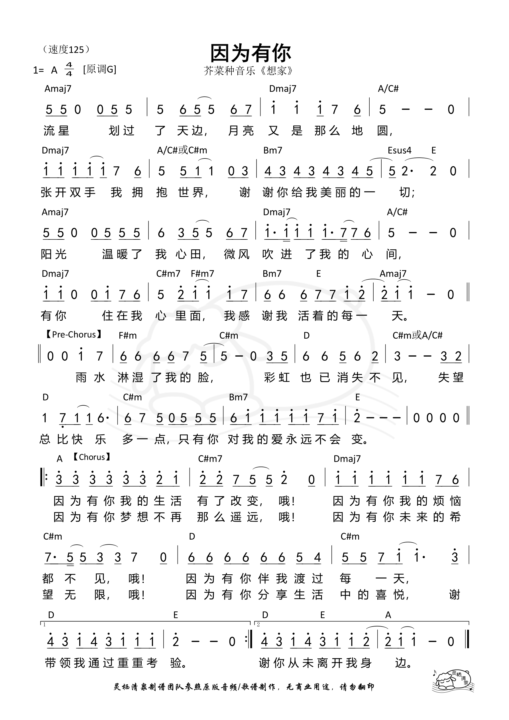 因为有你（芥菜种）和弦简谱 第 1 页