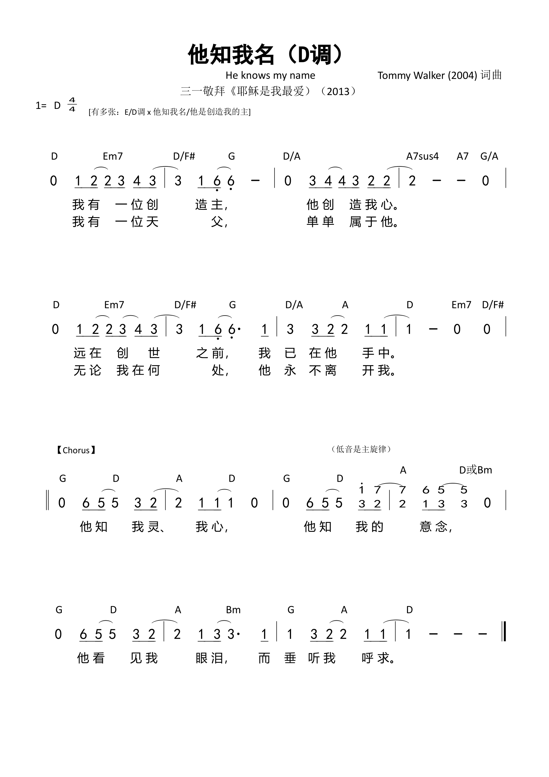 他知我名（D调）和弦简谱 第 1 页