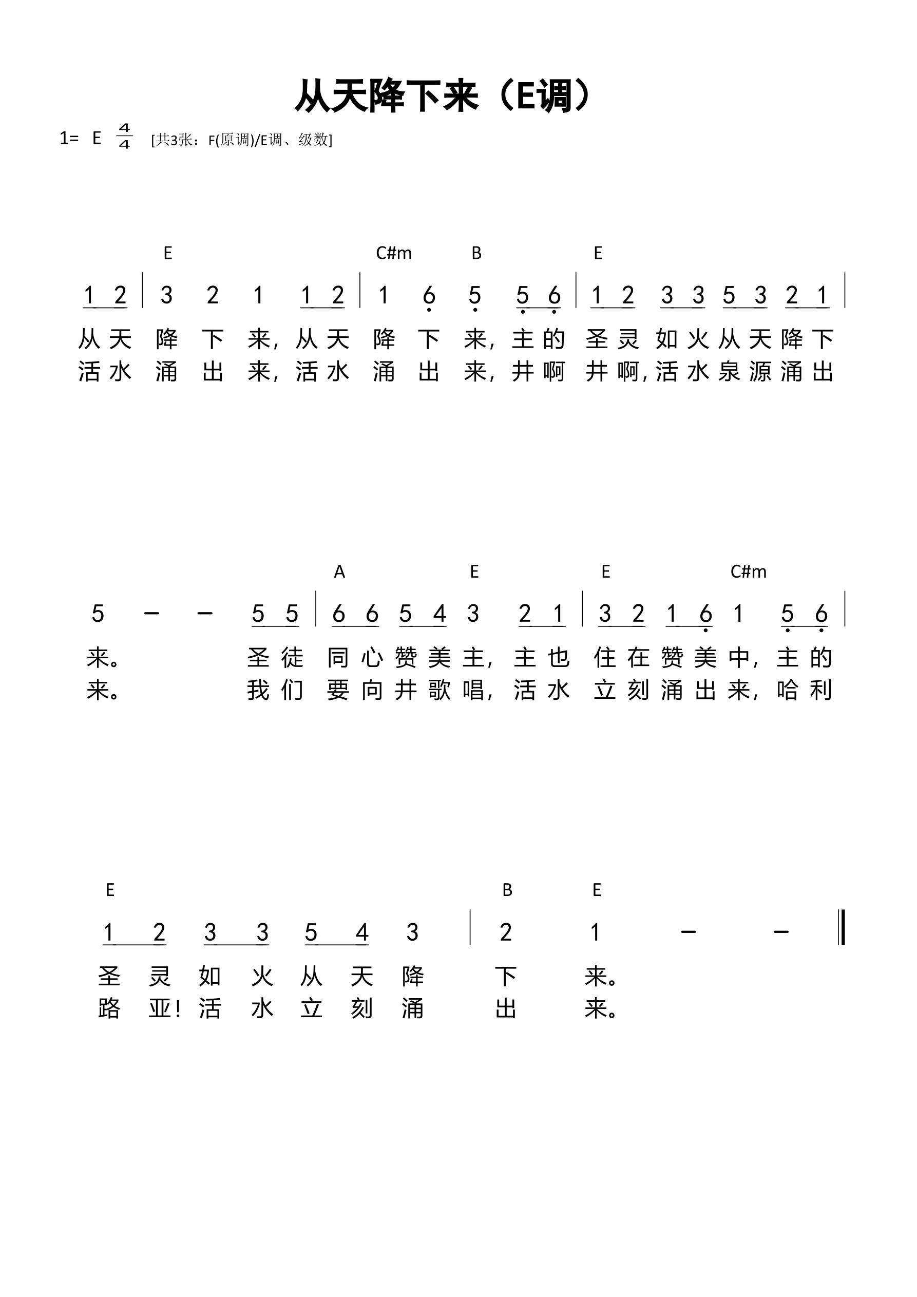 从天降下来（E调）和弦简谱 第 1 页