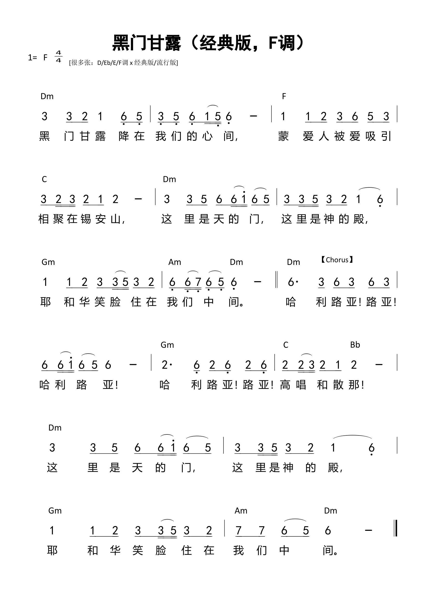 黑门甘露（经典版，F调）和弦简谱 第 1 页