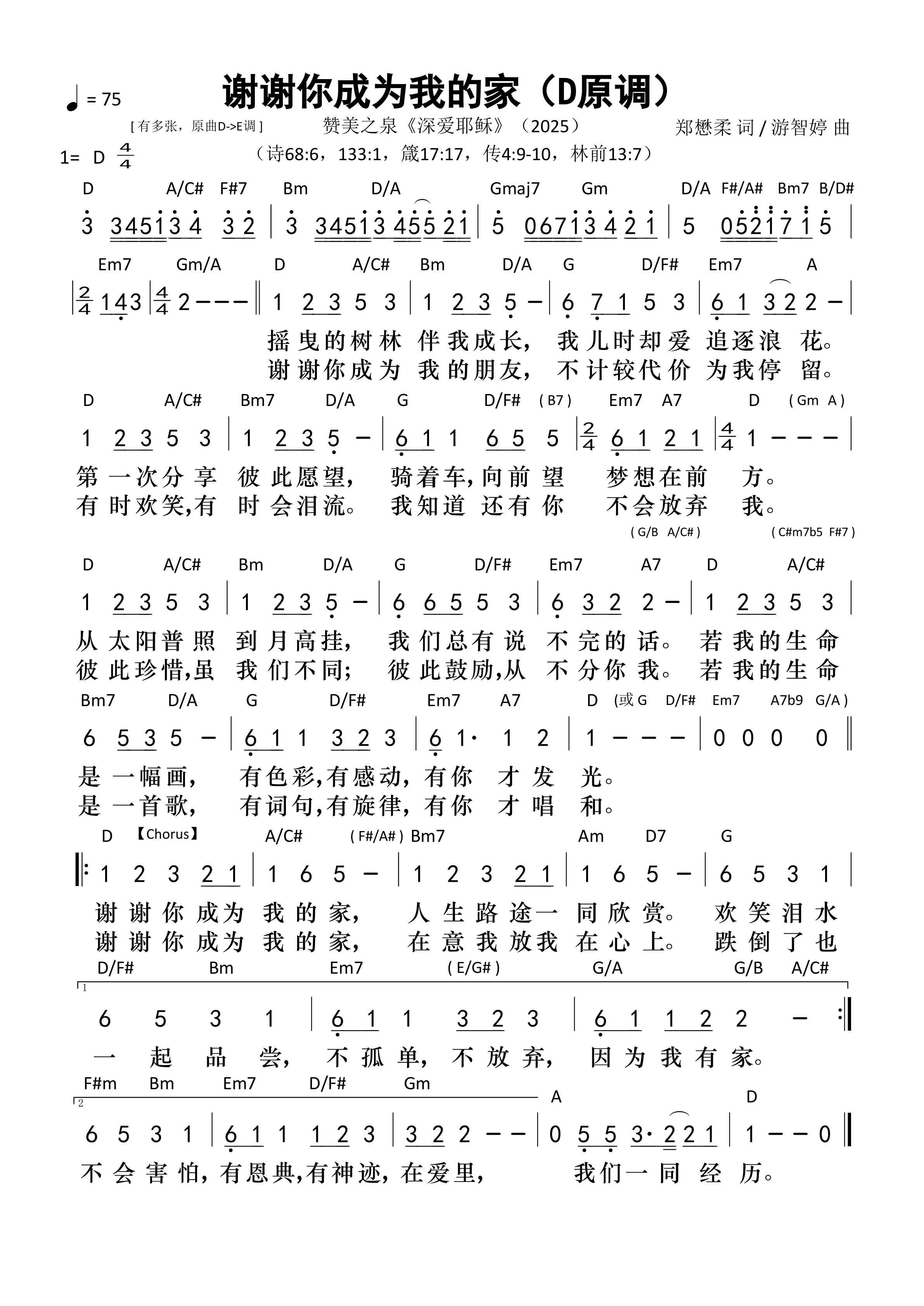 谢谢你成为我的家（D原调）和弦简谱 第 1 页