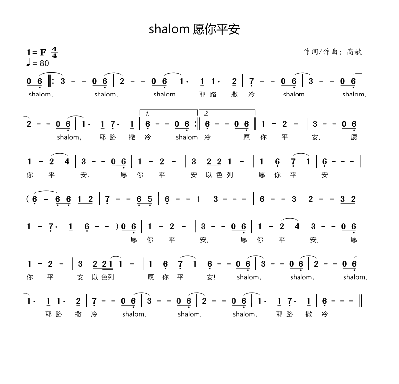沙龙，愿你平安 官方简谱 第 1 页