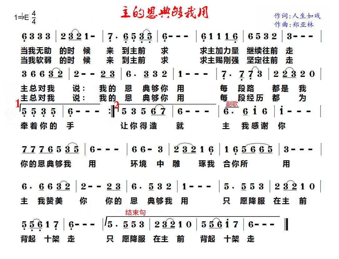 主的恩典够我用 简谱 第 1 页