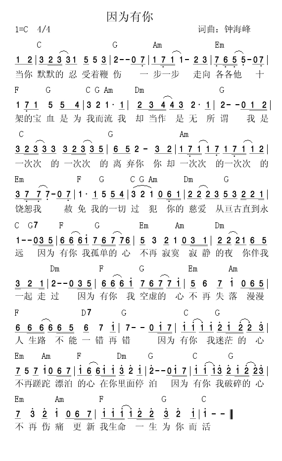 因为有你 官方和弦简谱 第 1 页