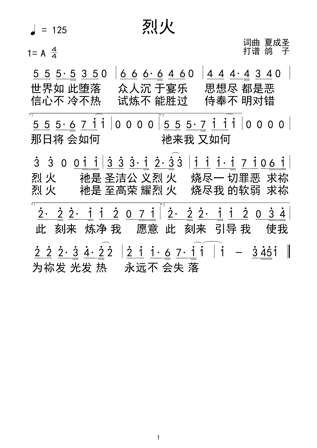 烈火 简谱 第 1 页