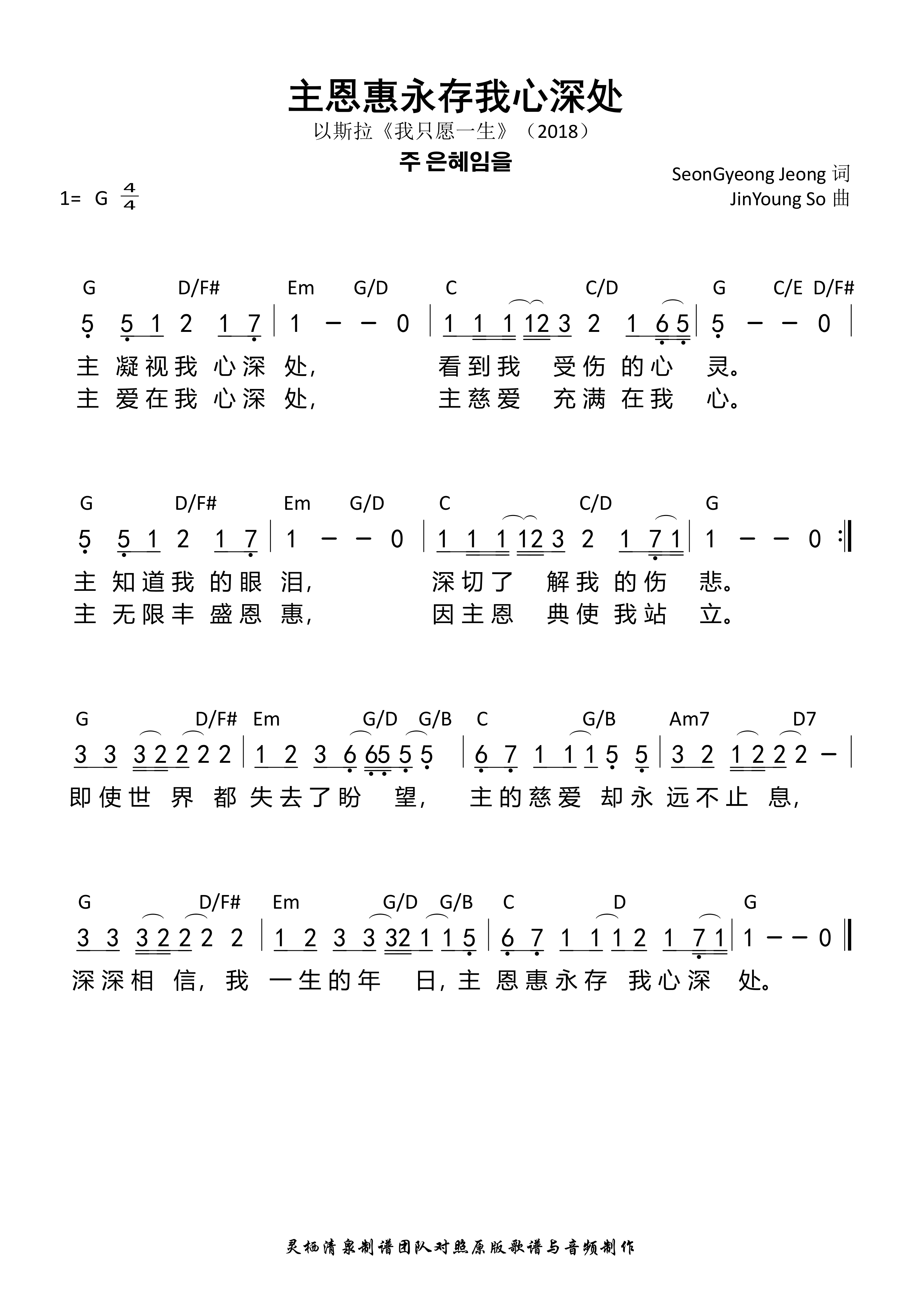 主恩惠永存我心深处 和弦简谱 第 1 页