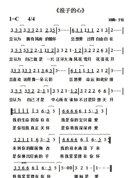 浪子的心 简谱 第 1 页