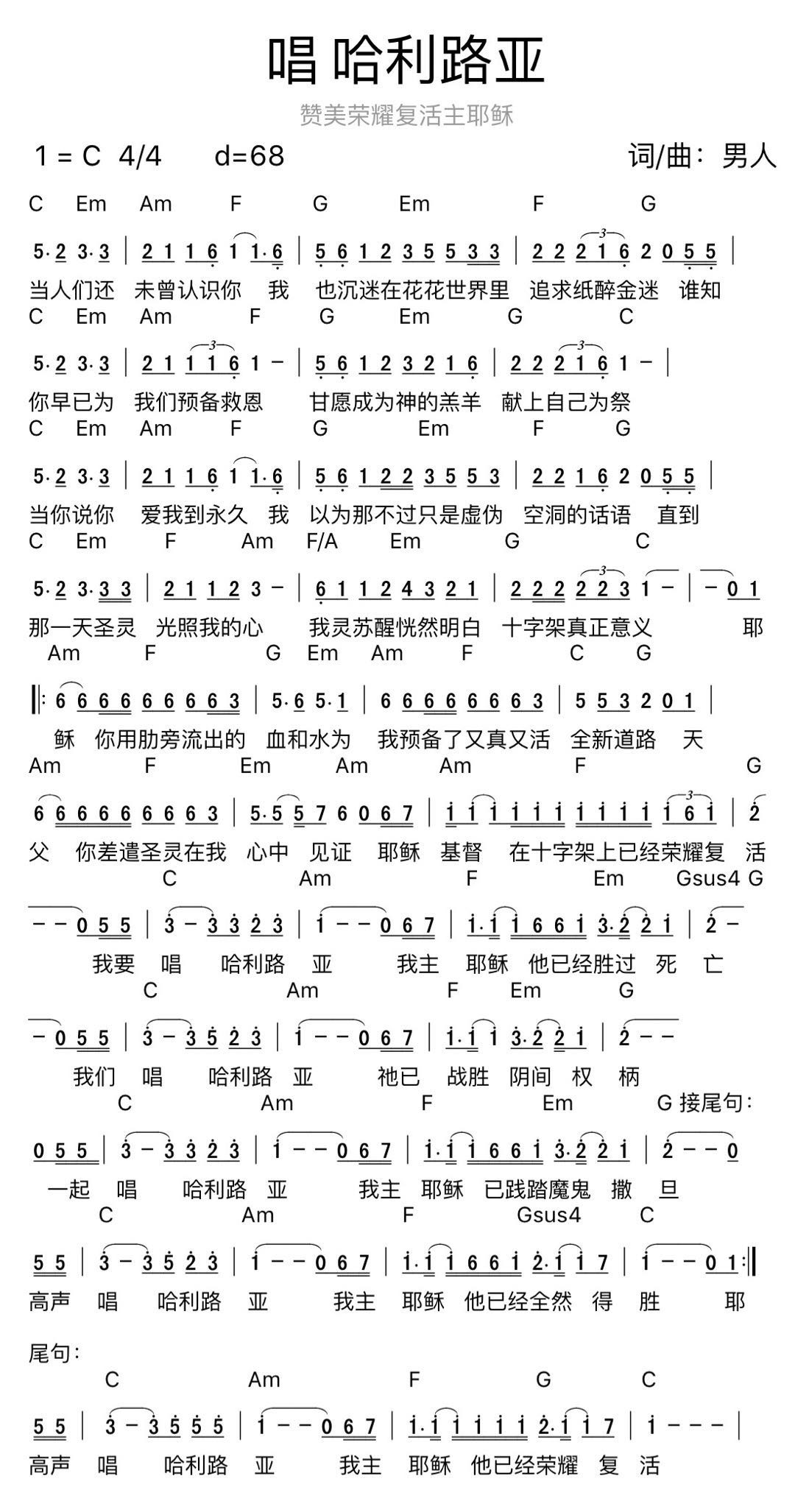 唱 哈利路亚 和弦简谱 第 1 页