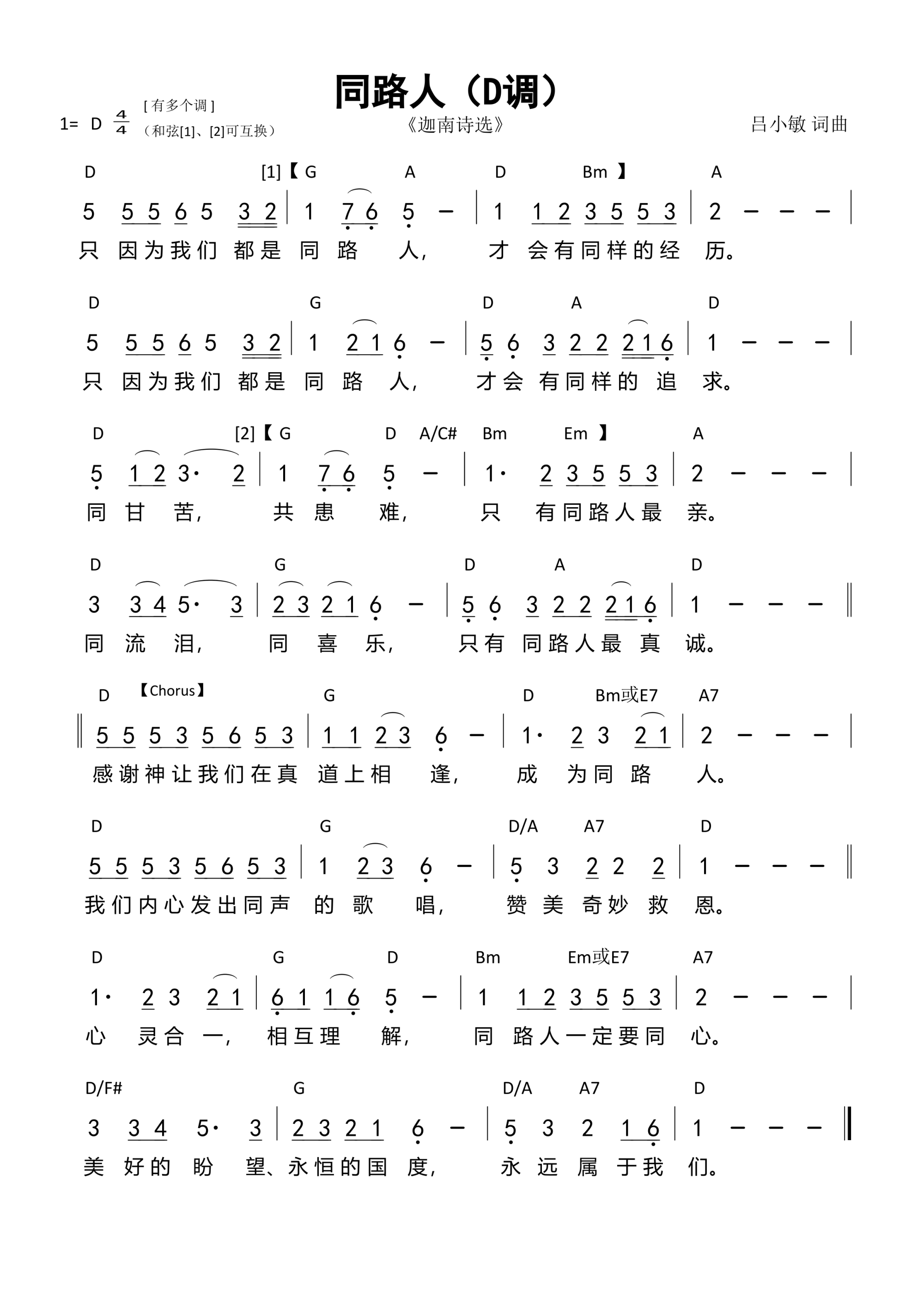 同路人（D调）和弦简谱 第 1 页
