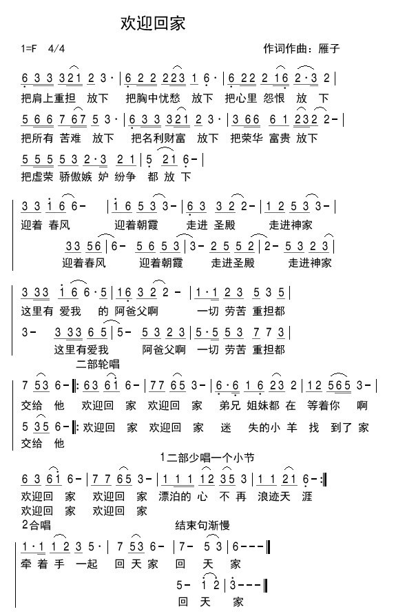 欢迎回家 简谱 第 1 页